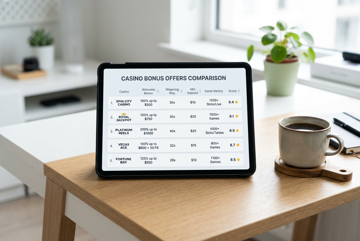 A digital comparison of online casino bonuses on a tablet screen.