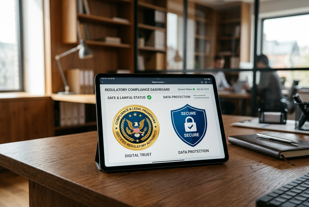 Regulatory documents and security shield representing gambling legality.